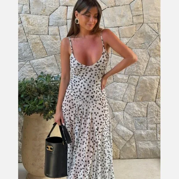 Zara Black and White Ecru Polka Dot Maxi Dress 5039/226 L NWT - Picture 2 of 16